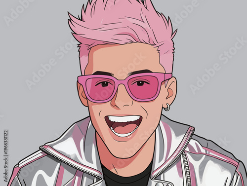 Person with pink hair and sunglasses smiles while wearing a shiny jacket against a grey background