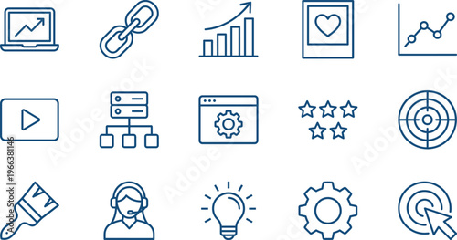Digital business growth and customer support icon set featuring data analytics, server networking, support agent, lightbulb idea, and target marketing symbols.