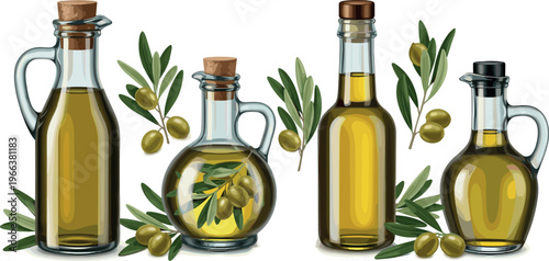 Illustration of Olive Oil Bottles with Fresh Olive Branches and Green Olives