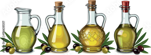 Illustration of Olive Oil Bottles in Different Shapes with Fresh Olive Leaves and Olives