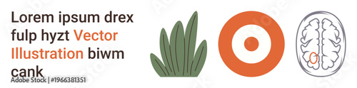 Nature, focus, neuroscience, education, health, mental performance. Green plant, orange target symbol outlined brain with marked section. Nature and focus concept