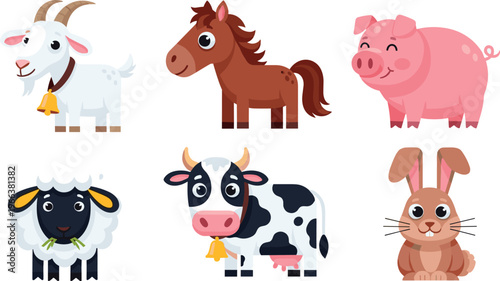 Adorable farm animals cartoon set including goat horse pig sheep cow and rabbit vector illustration