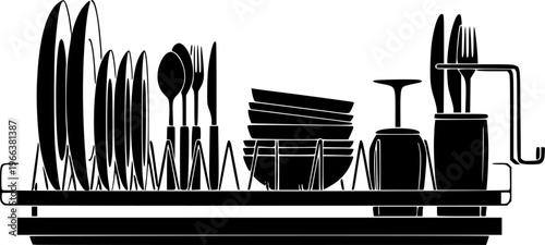 Modern Dish Rack Silhouette Kitchen Organizer Vector
