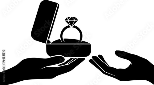 Minimalist black diamond ring in a jewelry box proposal silhouette vector icon
