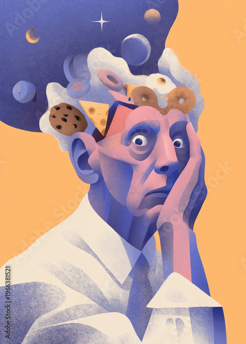 Sensory overload and distraction concept. Grainy illustration of an exhausted man with an open head spilling out junk food, planets, and clouds, depicting poor focus and sleep deprivation.