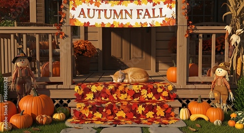 Autumnal Serenity - A Cats Nap Amidst Fall Decor.