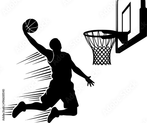 Silhouette of basketball player dunking ball into hoop with motion lines Vector isolated on white background
