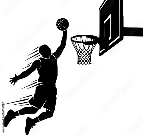 Silhouette of basketball player dunking ball into hoop with motion lines Vector isolated on white background
