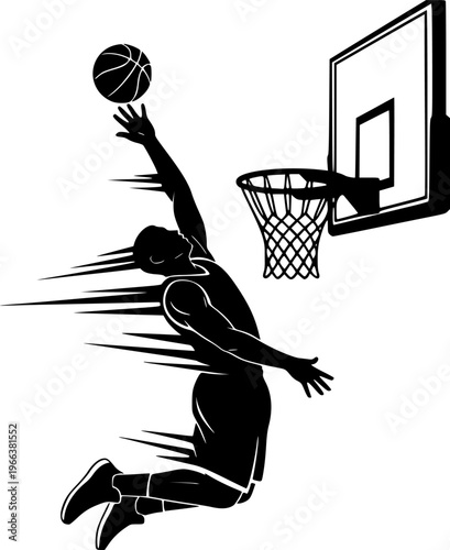 Silhouette of basketball player dunking ball into hoop with motion lines Vector isolated on white background
