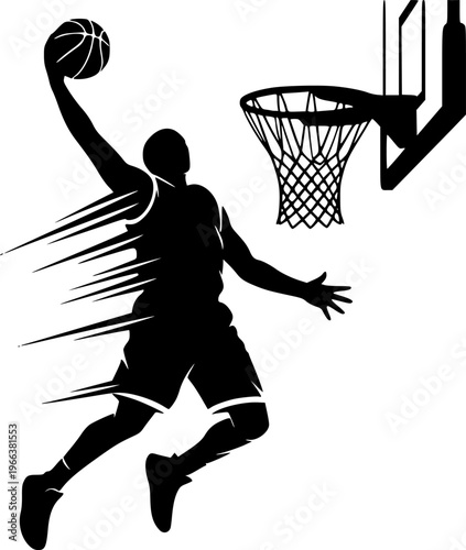 Silhouette of basketball player dunking ball into hoop with motion lines Vector isolated on white background
