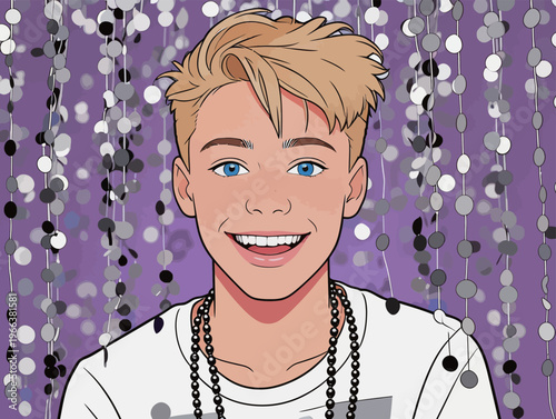 Young boy smiles widely while standing in front of shiny decorations during a celebration at a fun location