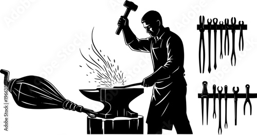 Blacksmith working at an anvil with hammer and hot metal sparks in a traditional forge workshop scene, vector silhouette isolated on white background
