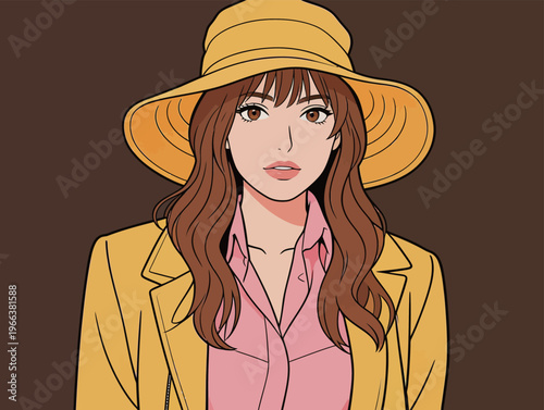 Woman wears yellow hat and coat with brown background while posing calmly and showing a simple expression