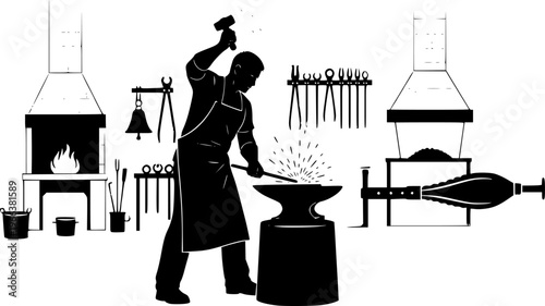 Blacksmith working at an anvil with hammer and hot metal sparks in a traditional forge workshop scene, vector silhouette isolated on white background
