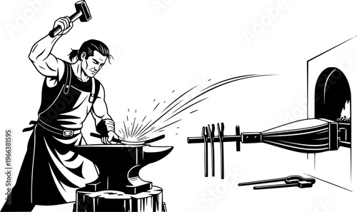 Blacksmith working at an anvil with hammer and hot metal sparks in a traditional forge workshop scene, vector silhouette isolated on white background
