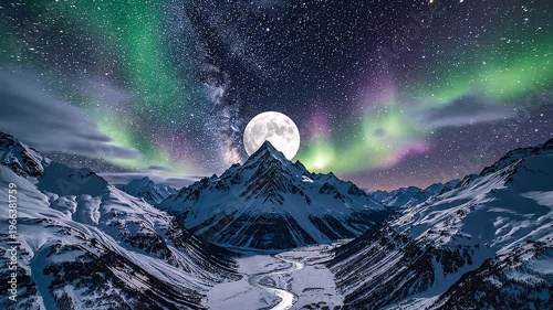 Snow capped mountain range under colorful sunset sky aerial view