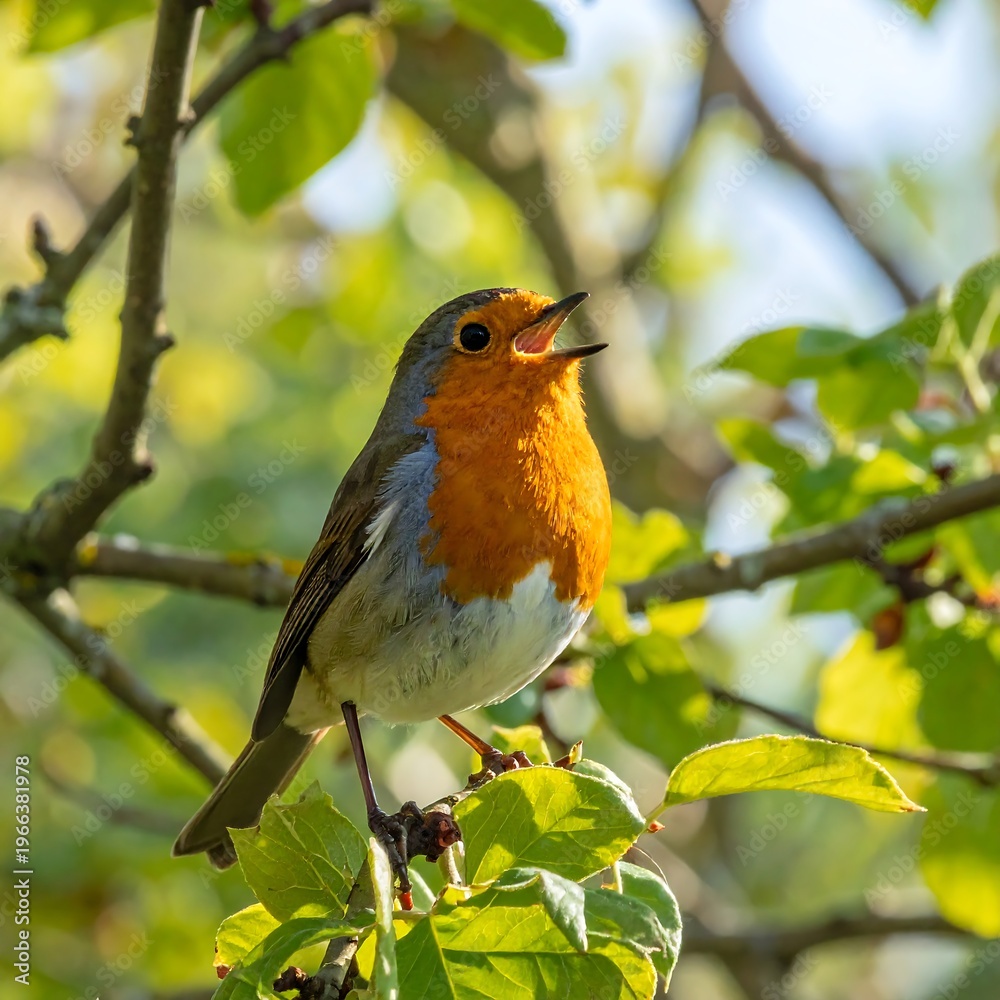 Obraz premium A robin perches on a branch surrounded by vibrant green leaves