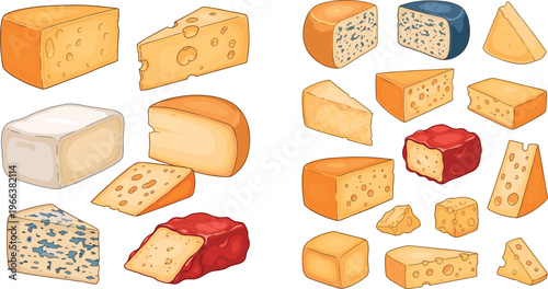 Assorted cheeses in wedge, block, and round shapes with holes, veins, and wax coatings in vector illustration