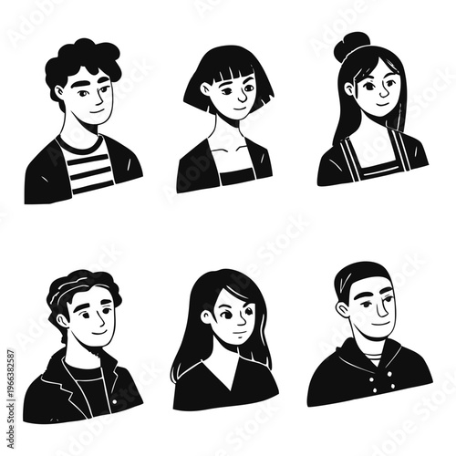 Set of pessoas hand-drawn character portraits in black and white line art style, featuring diverse men and women with different hairstyles and facial features.
