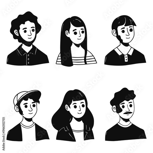 Set of pessoas hand-drawn character portraits in black and white line art style, featuring diverse men and women with different hairstyles and facial features.