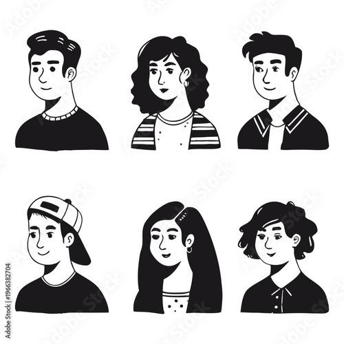 Set of pessoas hand-drawn character portraits in black and white line art style, featuring diverse men and women with different hairstyles and facial features.