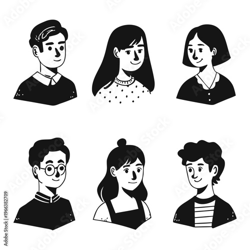 Set of pessoas hand-drawn character portraits in black and white line art style, featuring diverse men and women with different hairstyles and facial features.