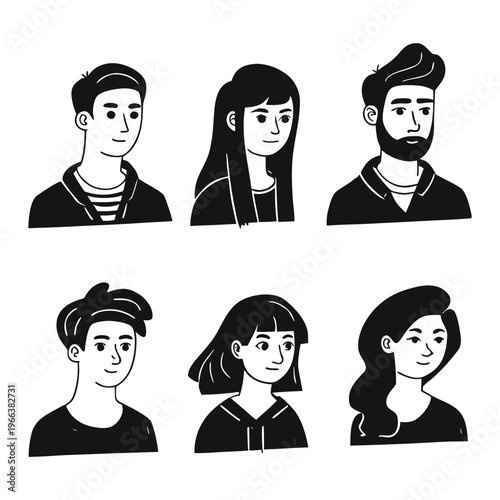 Set of pessoas hand-drawn character portraits in black and white line art style, featuring diverse men and women with different hairstyles and facial features.