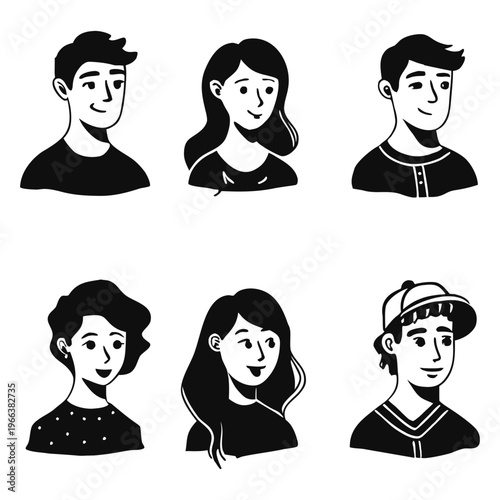 Set of pessoas hand-drawn character portraits in black and white line art style, featuring diverse men and women with different hairstyles and facial features.
