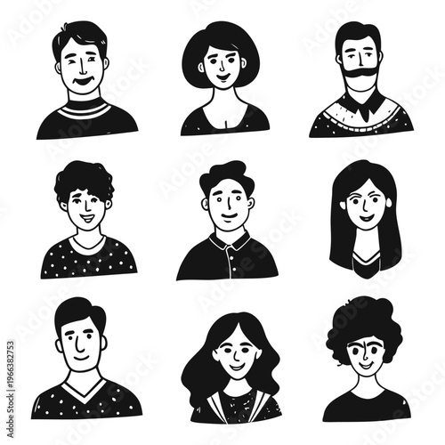 Set of pessoas hand-drawn character portraits in black and white line art style, featuring diverse men and women with different hairstyles and facial features.