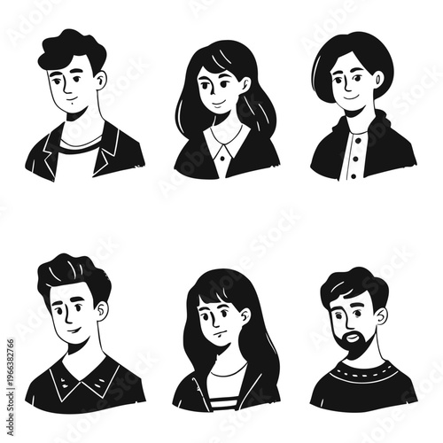 Set of pessoas hand-drawn character portraits in black and white line art style, featuring diverse men and women with different hairstyles and facial features.