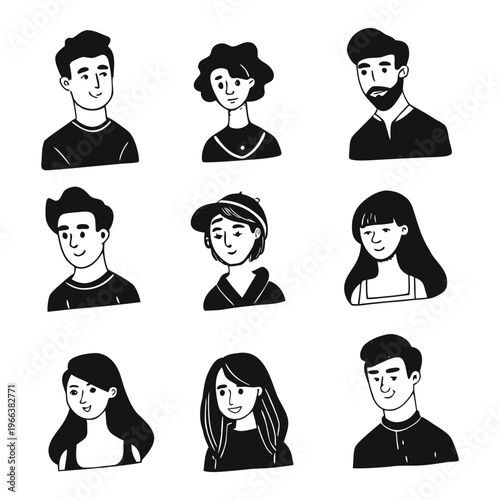 Set of pessoas hand-drawn character portraits in black and white line art style, featuring diverse men and women with different hairstyles and facial features.