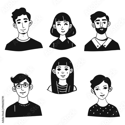 Set of pessoas hand-drawn character portraits in black and white line art style, featuring diverse men and women with different hairstyles and facial features.