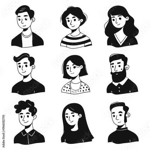 Set of pessoas hand-drawn character portraits in black and white line art style, featuring diverse men and women with different hairstyles and facial features.