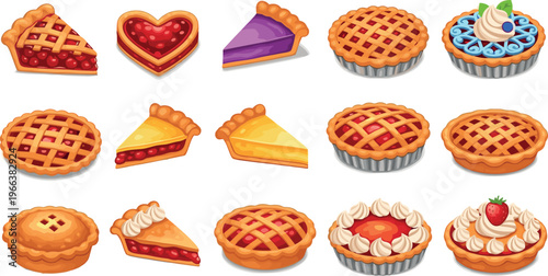 Assorted pies and tarts with colorful fillings, crusts, and toppings in detailed vector illustration
