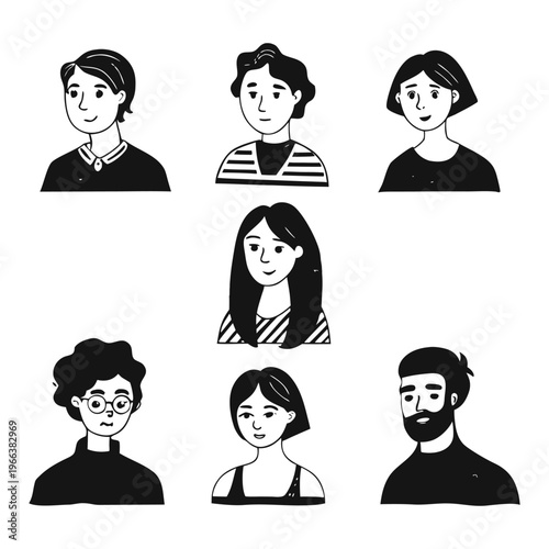 Set of pessoas hand-drawn character portraits in black and white line art style, featuring diverse men and women with different hairstyles and facial features.