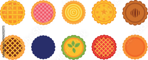 Assorted pies with lattice, checkered, spiral, star, striped, and leaf crust designs in colorful vector illustration