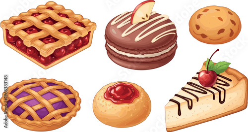 Assorted desserts including pies, macaron, cookie, pastry, and cheesecake in colorful vector illustration