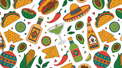 Flat colorful illustration pattern featuring traditional Mexican cuisine with tacos, lime, chili peppers, tequila shots, bottles, and sombreros