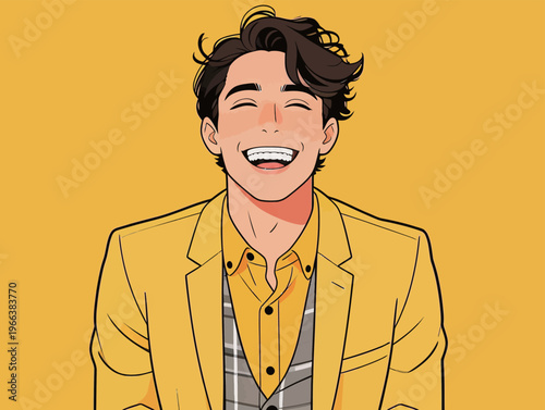 Young man smiles while wearing a yellow suit with a checkered shirt in front of a bright yellow background