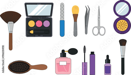 Beauty Tools and Cosmetics Illustration Set with Makeup Brushes, Perfume, Eyebrow Tweezers, and Makeup Palettes