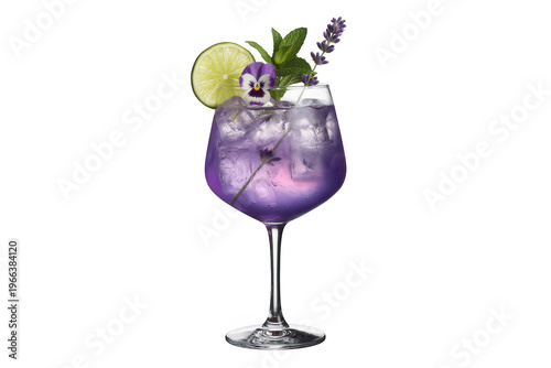 Purple cocktail with lime flower garnish drink glass wineglass isolated on a transparent background