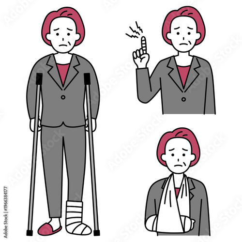 指・腕・足の怪我をしている中年のスーツの女性のセット