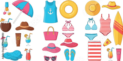 Beach Vacation Essentials Illustration Set with Swimsuits, Surfboards, Drinks, and Sun Gear