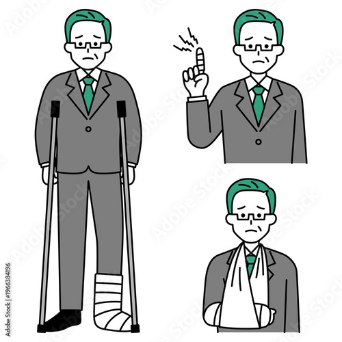 指・腕・足の怪我をしている中年のスーツの男性のセット