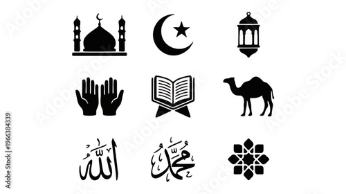 Islamic icon set with mosque, crescent moon, Quran, lantern, and decorative patterns.