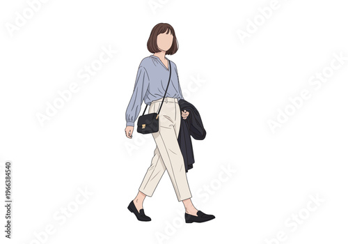 Minimalist Faceless Woman Walking in Casual Blue Blouse and White Trousers CAD Fashion Flat Illustration
