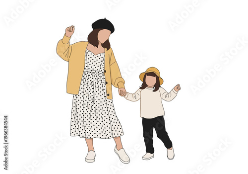 Minimalist Faceless Mother and Daughter Walking CAD Fashion Flat Character Illustration