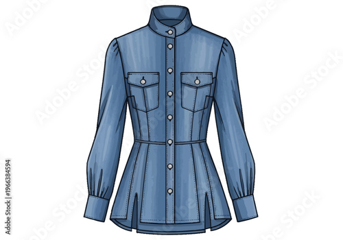 Blue Denim Utility Fashion Flat Sketch Blouse with Mandarin Collar and Chest Pockets CAD
