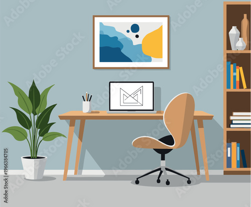 Minimal home office workspace with desk chair laptop and plant in modern flat vector illustration