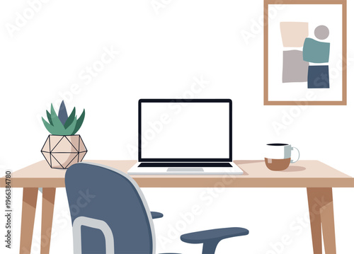 Minimal workspace desk with laptop chair plant and coffee in modern flat vector illustration